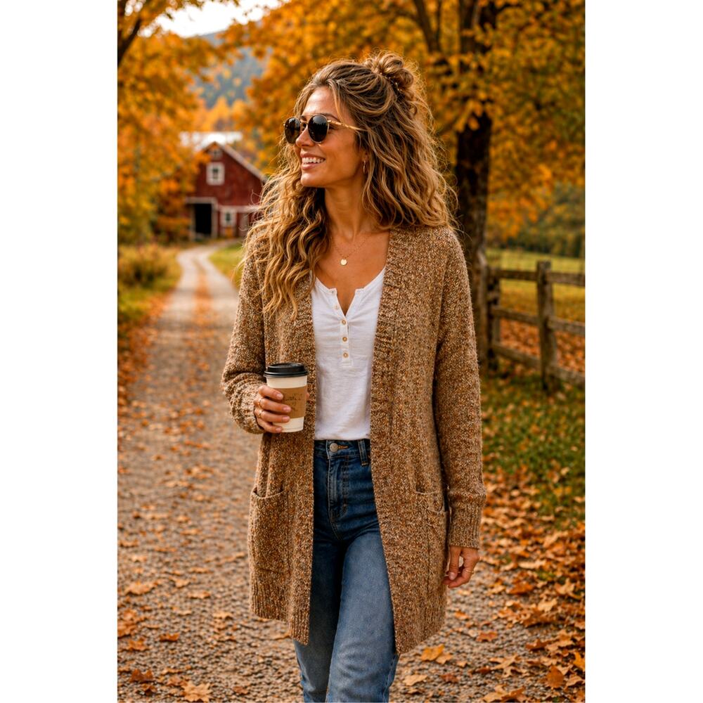 Love Ellie Speckled Long Open Front Cardigan/Duster - Beige/Brown- size M
